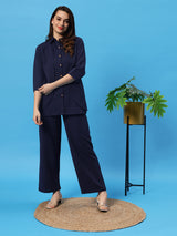 Sea & Mast - Stretchable Regular Fit Textured Poly-Viscose Co-ords, Collared Button Closure, Waist Length With Elasticated Waist Pant, Navy, Plus Size