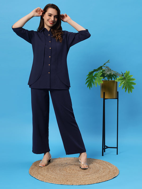 Sea & Mast - Stretchable Regular Fit Textured Poly-Viscose Co-ords, Collared Button Closure, Waist Length With Elasticated Waist Pant, Navy