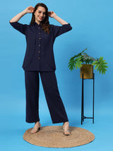 Sea & Mast - Stretchable Regular Fit Textured Poly-Viscose Co-ords, Collared Button Closure, Waist Length With Elasticated Waist Pant, Navy, Plus Size