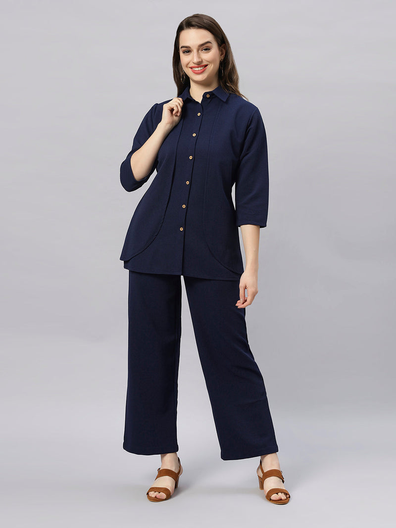 Sea & Mast - Stretchable Regular Fit Textured Poly-Viscose Co-ords, Collared Button Closure, Waist Length With Elasticated Waist Pant, Navy, Custom