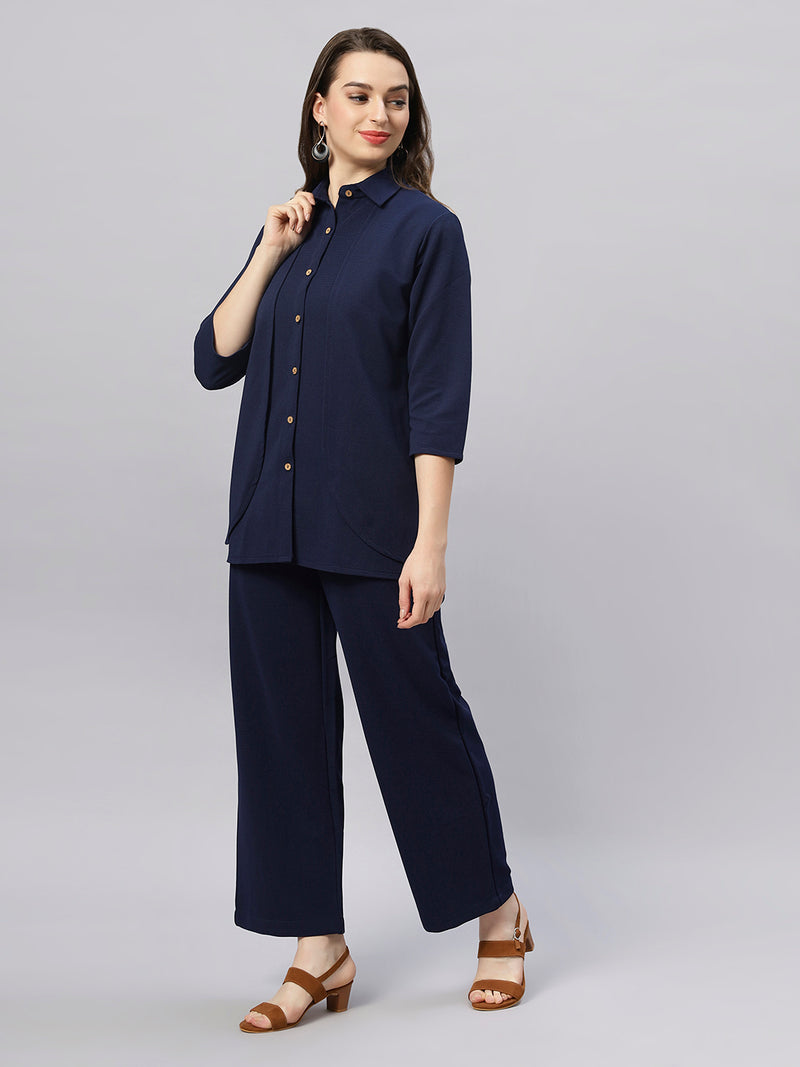 Sea & Mast - Stretchable Regular Fit Textured Poly-Viscose Co-ords, Collared Button Closure, Waist Length With Elasticated Waist Pant, Navy