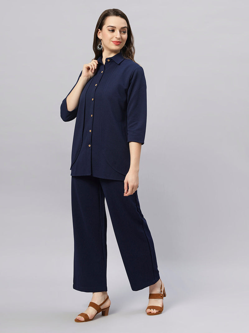 Sea & Mast - Stretchable Regular Fit Textured Poly-Viscose Co-ords, Collared Button Closure, Waist Length With Elasticated Waist Pant, Navy, Custom