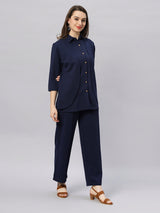 Sea & Mast - Stretchable Regular Fit Textured Poly-Viscose Co-ords, Collared Button Closure, Waist Length With Elasticated Waist Pant, Navy, Custom