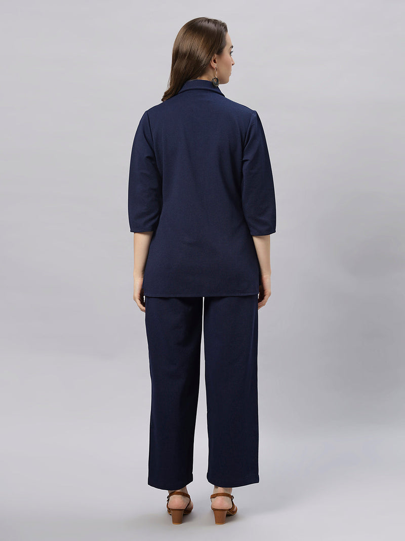 Sea & Mast - Stretchable Regular Fit Textured Poly-Viscose Co-ords, Collared Button Closure, Waist Length With Elasticated Waist Pant, Navy, Custom