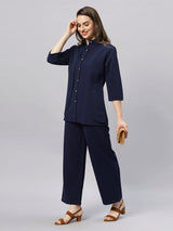 Sea & Mast - Stretchable Regular Fit Textured Poly-Viscose Co-ords, Collared Button Closure, Waist Length With Elasticated Waist Pant, Navy, Custom