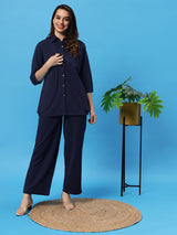 Sea & Mast - Stretchable Regular Fit Textured Poly-Viscose Co-ords, Collared Button Closure, Waist Length With Elasticated Waist Pant, Navy, Plus Size