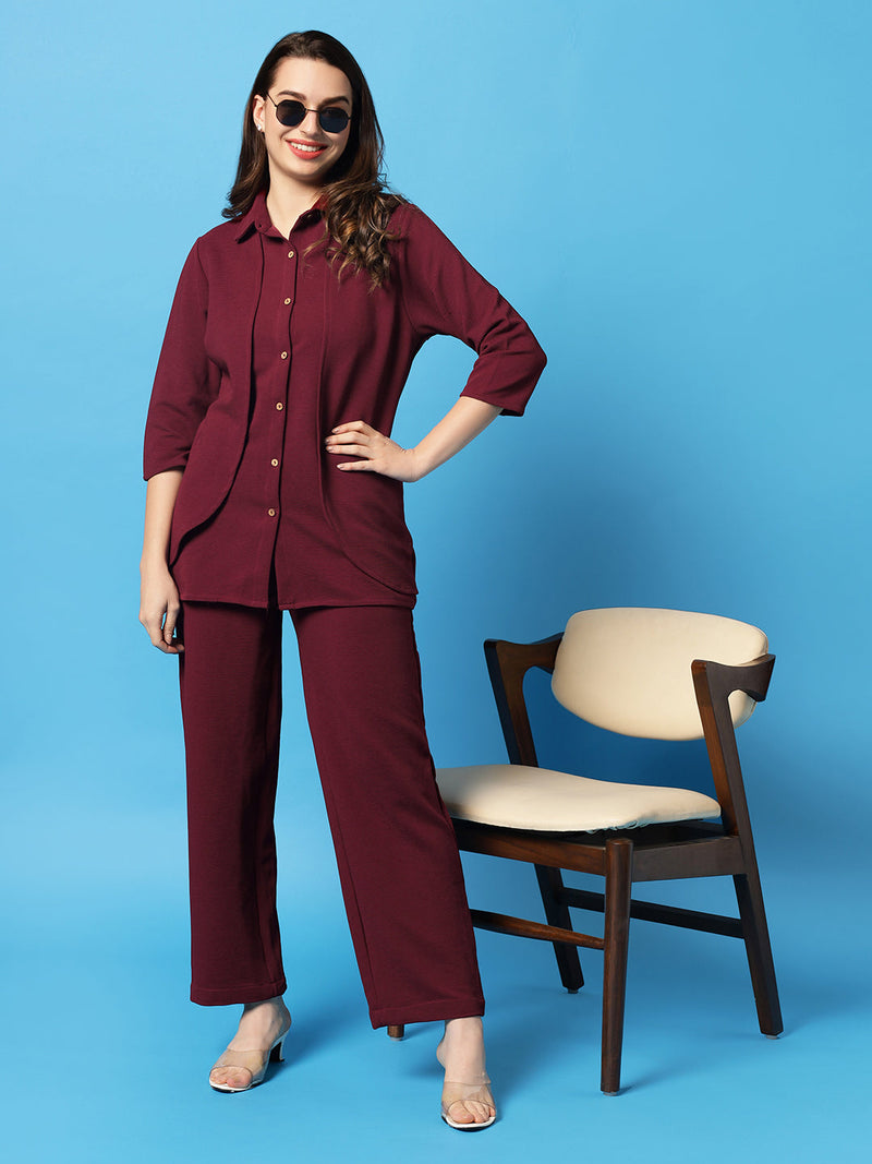 Sea & Mast - Stretchable Regular Fit Textured Poly-Viscose Co-ords, Collared Button Closure, Waist Length With Elasticated Waist Pant, Wine, Plus Size