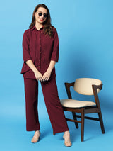 Sea & Mast - Stretchable Regular Fit Textured Poly-Viscose Co-ords, Collared Button Closure, Waist Length With Elasticated Waist Pant, Wine, Plus Size