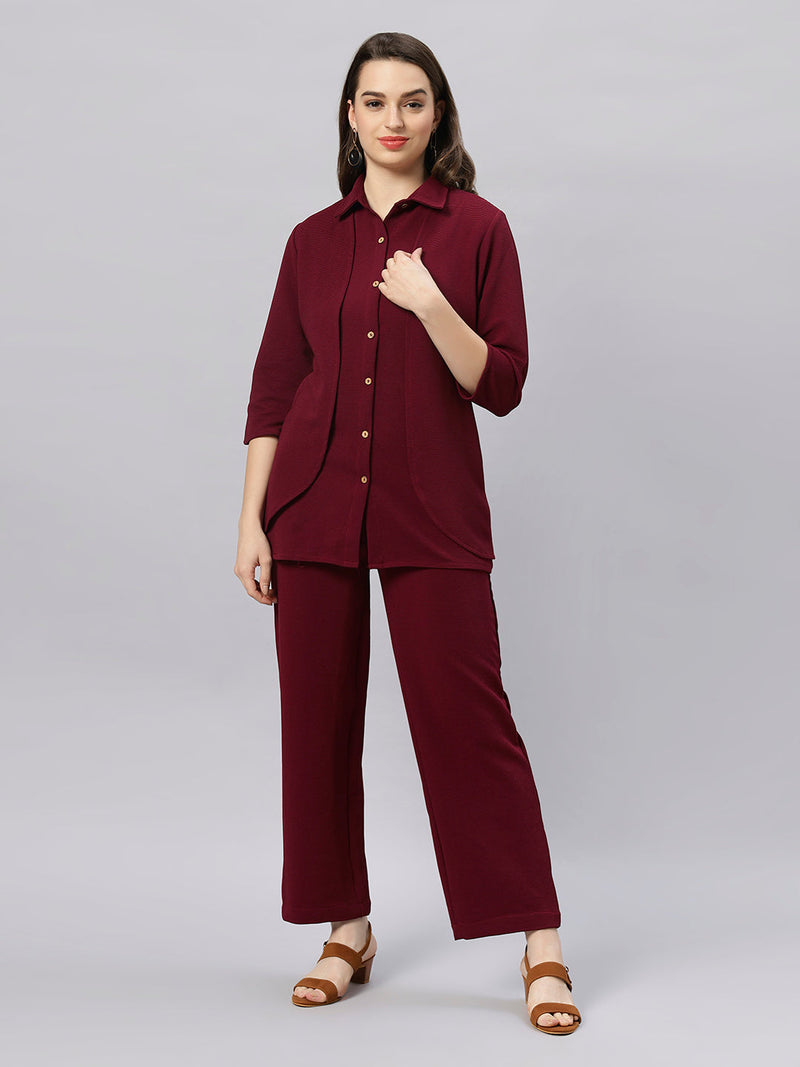 Sea & Mast - Stretchable Regular Fit Textured Poly-Viscose Co-ords, Collared Button Closure, Waist Length With Elasticated Waist Pant, Wine, Custom