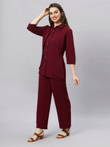 Sea & Mast - Stretchable Regular Fit Textured Poly-Viscose Co-ords, Collared Button Closure, Waist Length With Elasticated Waist Pant, Wine, Custom