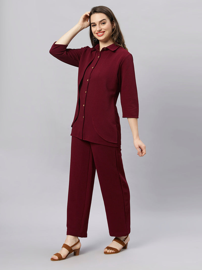 Sea & Mast - Stretchable Regular Fit Textured Poly-Viscose Co-ords, Collared Button Closure, Waist Length With Elasticated Waist Pant, Wine, Custom