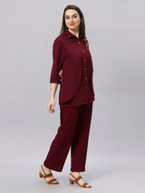 Sea & Mast - Stretchable Regular Fit Textured Poly-Viscose Co-ords, Collared Button Closure, Waist Length With Elasticated Waist Pant, Wine, Custom