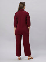 Sea & Mast - Stretchable Regular Fit Textured Poly-Viscose Co-ords, Collared Button Closure, Waist Length With Elasticated Waist Pant, Wine, Custom