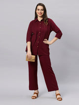 Sea & Mast - Stretchable Regular Fit Textured Poly-Viscose Co-ords, Collared Button Closure, Waist Length With Elasticated Waist Pant, Wine, Custom