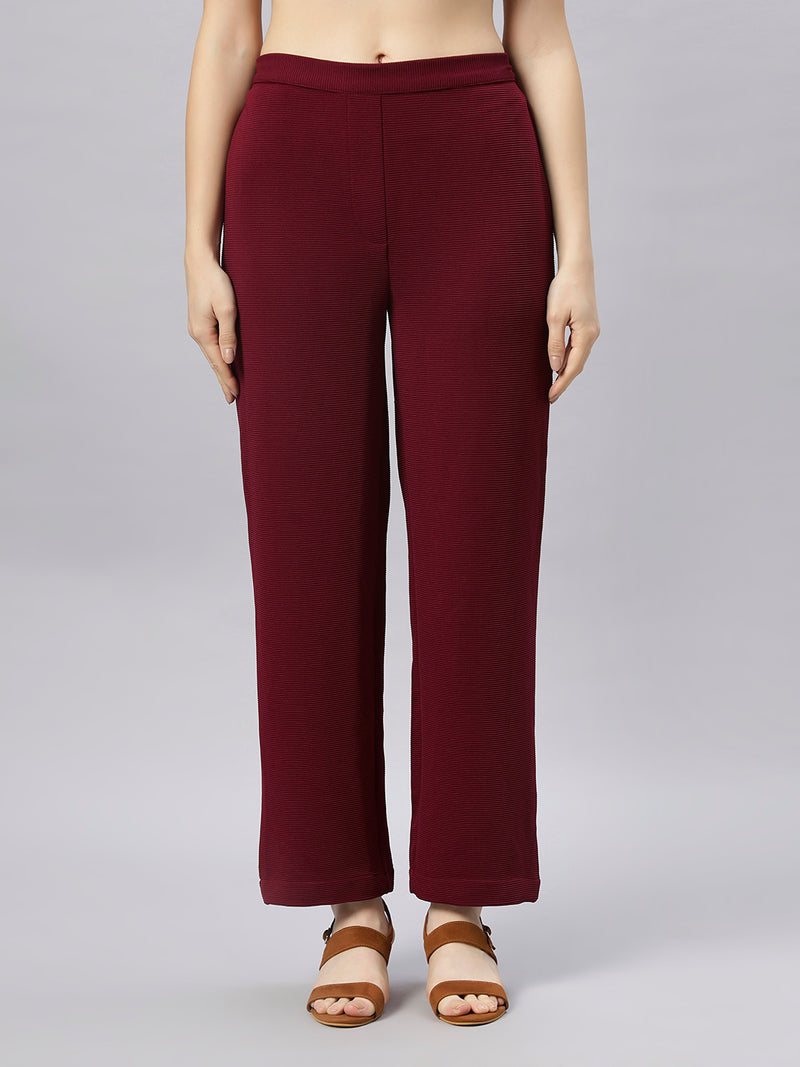 Sea & Mast - Stretchable Regular Fit Textured Poly-Viscose Co-ords, Collared Button Closure, Waist Length With Elasticated Waist Pant, Wine