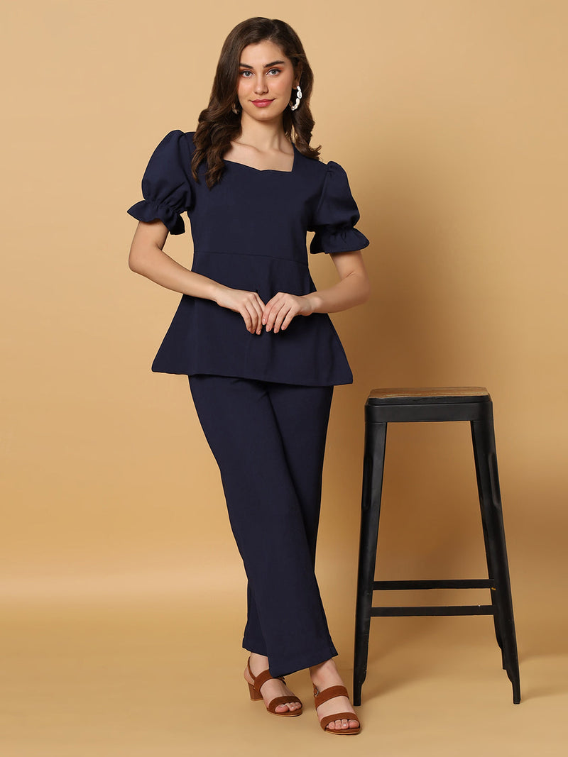 Sea & Mast - Stretchable Regular Fit Textured Poly-Viscose Co-ords, Collared Button Closure, Waist Length With Elasticated Waist Pant, Navy, Custom