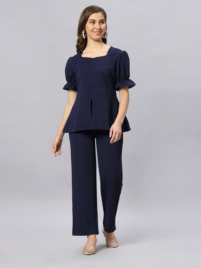 Sea & Mast - Stretchable Regular Fit Textured Poly-Viscose Co-ords, Collared Button Closure, Waist Length With Elasticated Waist Pant, Navy, Plus Size