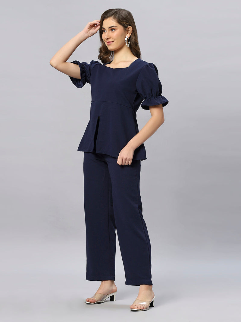 Sea & Mast - Stretchable Regular Fit Textured Poly-Viscose Co-ords, Collared Button Closure, Waist Length With Elasticated Waist Pant, Navy, Custom