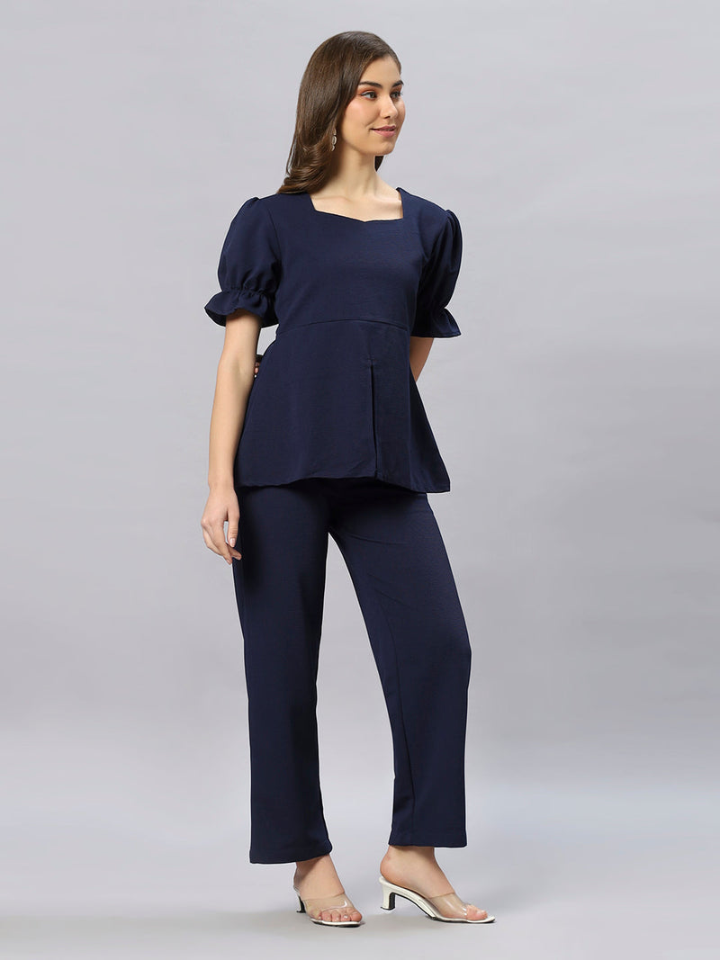 Sea & Mast - Stretchable Regular Fit Textured Poly-Viscose Co-ords, Collared Button Closure, Waist Length With Elasticated Waist Pant, Navy, Custom