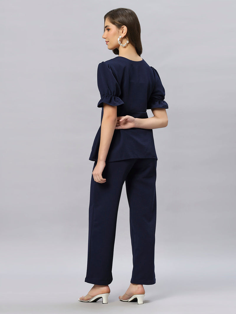 Sea & Mast - Stretchable Regular Fit Textured Poly-Viscose Co-ords, Collared Button Closure, Waist Length With Elasticated Waist Pant, Navy, Custom