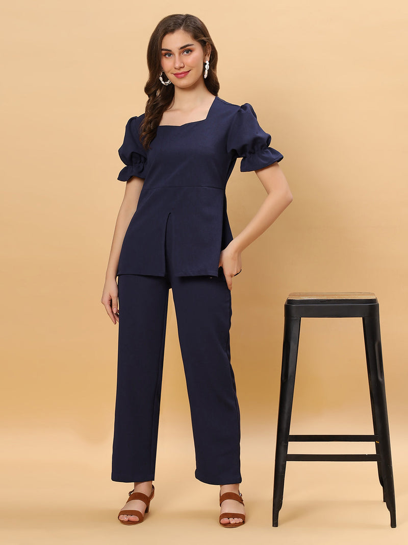 Sea & Mast - Stretchable Regular Fit Textured Poly-Viscose Co-ords, Collared Button Closure, Waist Length With Elasticated Waist Pant, Navy, Plus Size