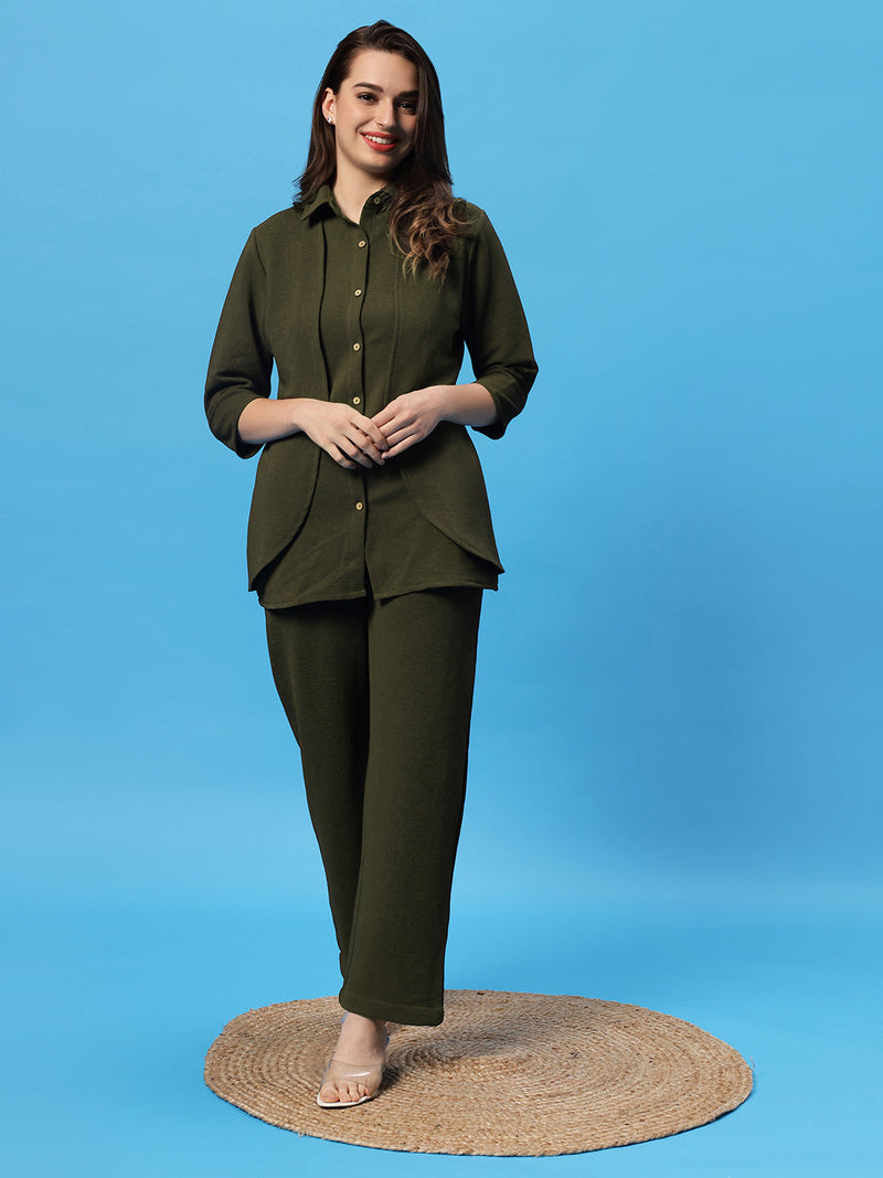 Sea & Mast - Stretchable Regular Fit Textured Poly-Viscose Co-ords, Collared Button Closure, Waist Length With Elasticated Waist Pant, Olive, Plus Size