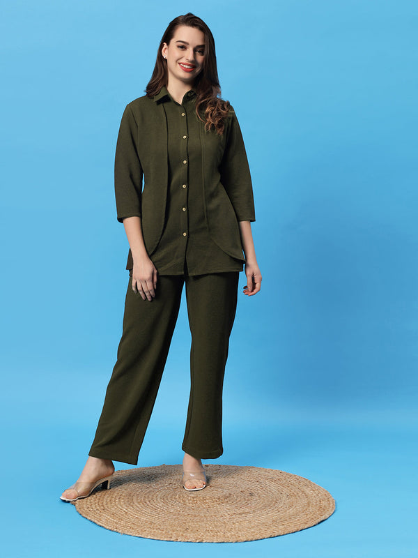 Sea & Mast - Stretchable Regular Fit Textured Poly-Viscose Co-ords, Collared Button Closure, Waist Length With Elasticated Waist Pant, Olive, Plus Size