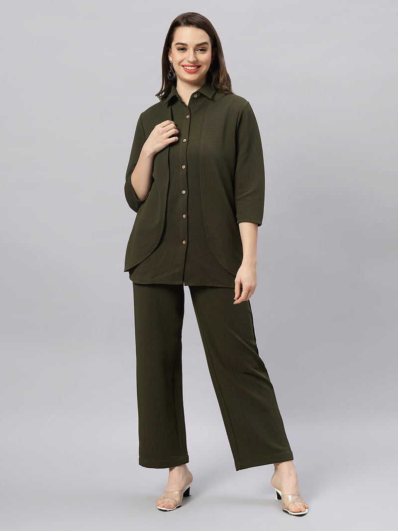 Sea & Mast - Stretchable Regular Fit Textured Poly-Viscose Co-ords, Collared Button Closure, Waist Length With Elasticated Waist Pant, Olive, Custom