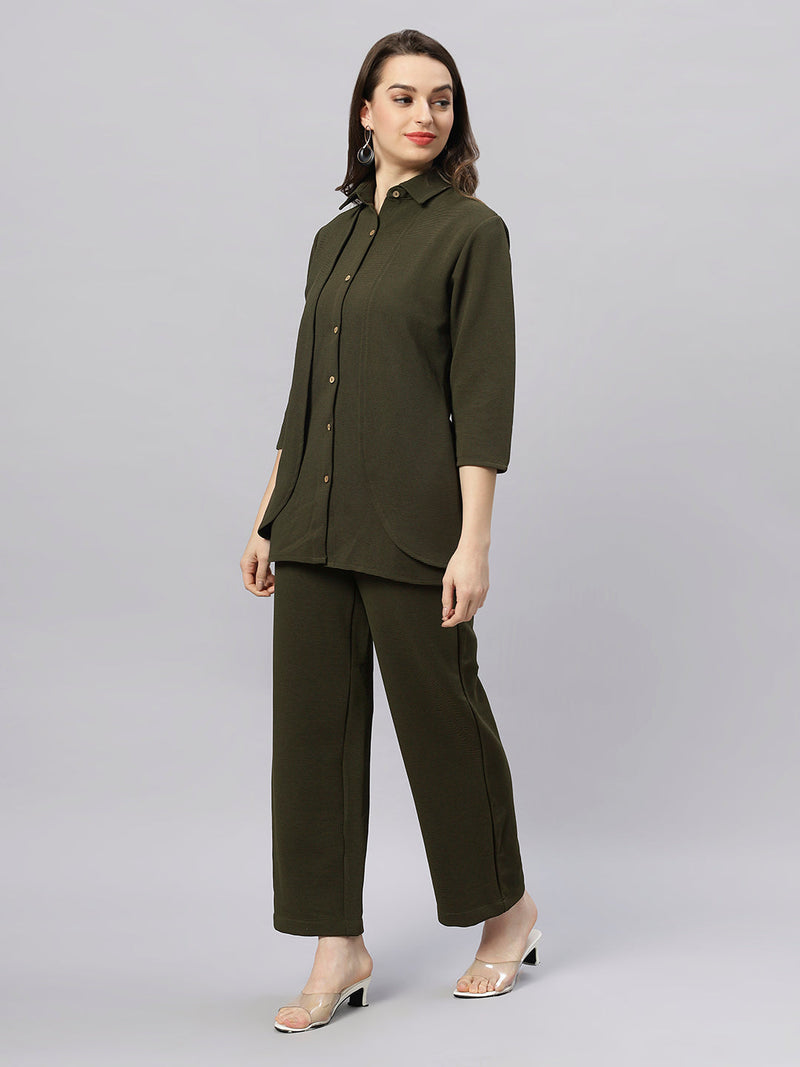 Sea & Mast - Stretchable Regular Fit Textured Poly-Viscose Co-ords, Collared Button Closure, Waist Length With Elasticated Waist Pant, Olive, Custom