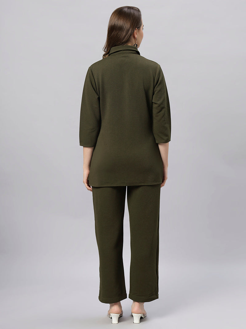 Sea & Mast - Stretchable Regular Fit Textured Poly-Viscose Co-ords, Collared Button Closure, Waist Length With Elasticated Waist Pant, Olive, Plus Size