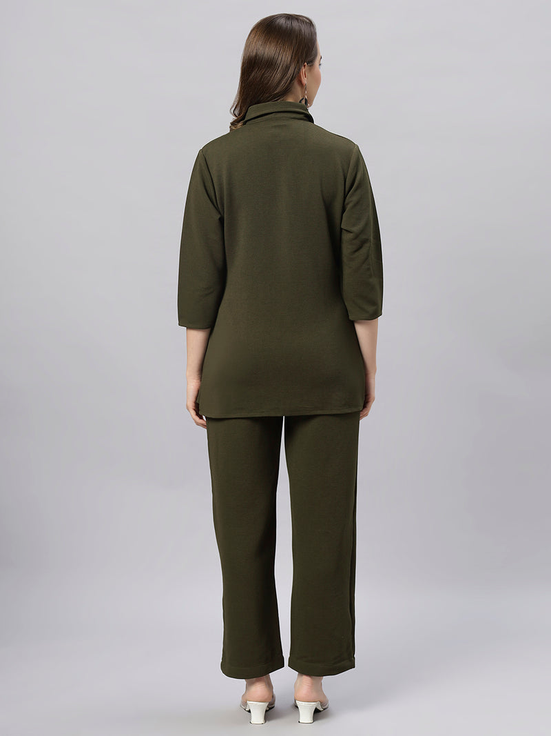 Sea & Mast - Stretchable Regular Fit Textured Poly-Viscose Co-ords, Collared Button Closure, Waist Length With Elasticated Waist Pant, Olive