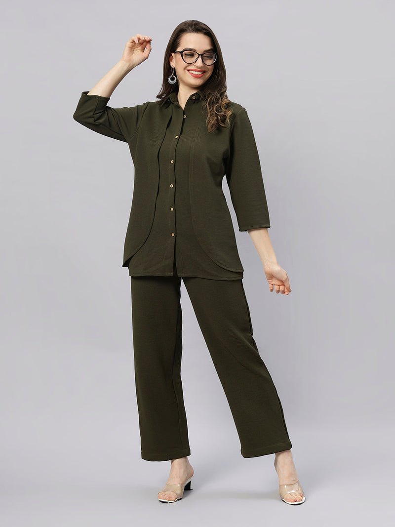 Sea & Mast - Stretchable Regular Fit Textured Poly-Viscose Co-ords, Collared Button Closure, Waist Length With Elasticated Waist Pant, Olive, Plus Size