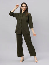 Sea & Mast - Stretchable Regular Fit Textured Poly-Viscose Co-ords, Collared Button Closure, Waist Length With Elasticated Waist Pant, Olive