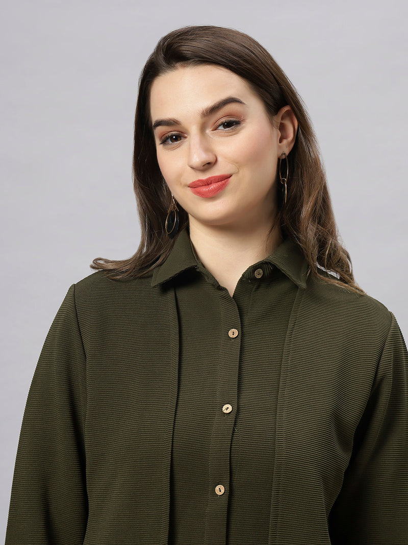 Sea & Mast - Stretchable Regular Fit Textured Poly-Viscose Co-ords, Collared Button Closure, Waist Length With Elasticated Waist Pant, Olive, Plus Size