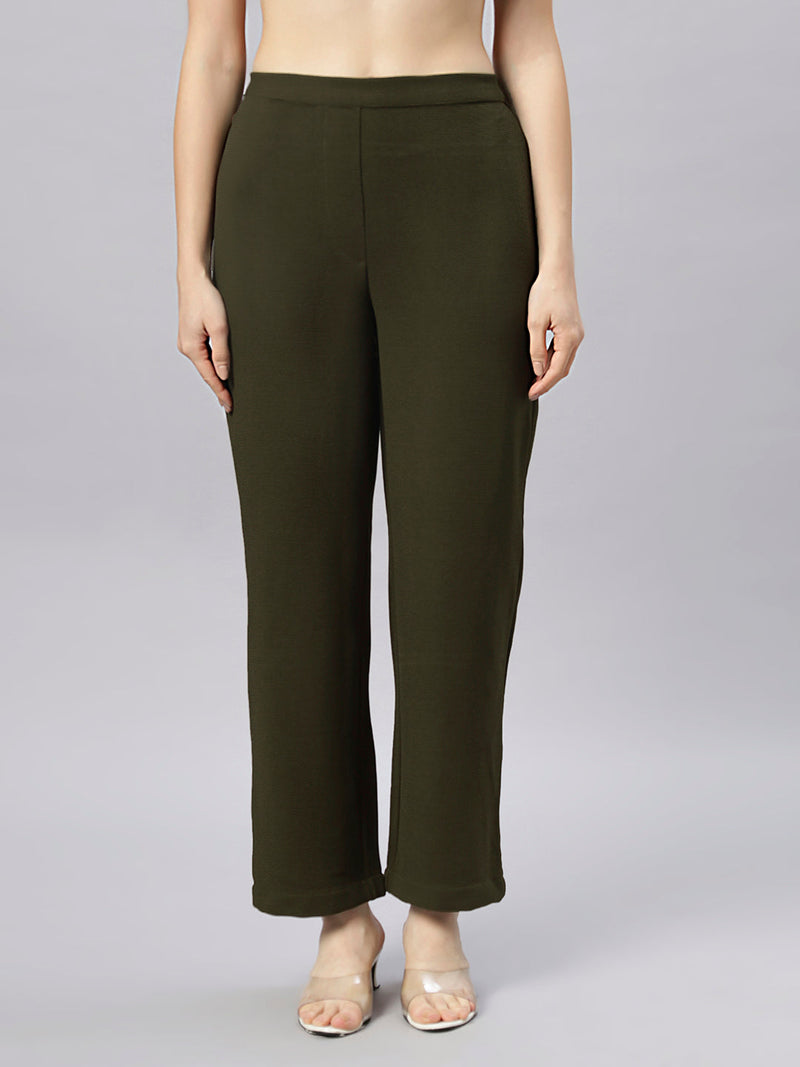 Sea & Mast - Stretchable Regular Fit Textured Poly-Viscose Co-ords, Collared Button Closure, Waist Length With Elasticated Waist Pant, Olive, Plus Size