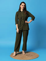 Sea & Mast - Stretchable Regular Fit Textured Poly-Viscose Co-ords, Collared Button Closure, Waist Length With Elasticated Waist Pant, Olive, Plus Size