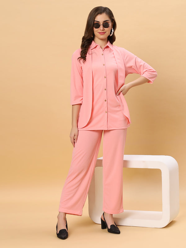 Sea & Mast - Stretchable Regular Fit Textured Poly-Viscose Co-ords, Collared Button Closure, Waist Length With Elasticated Waist Pant, Light Pink