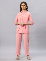 Sea & Mast - Stretchable Regular Fit Textured Poly-Viscose Co-ords, Collared Button Closure, Waist Length With Elasticated Waist Pant, Light Pink