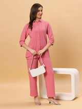 Sea & Mast - Stretchable Regular Fit Textured Poly-Viscose Co-ords, Collared Button Closure, Waist Length With Elasticated Waist Pant, Blush Pink, Plus Size