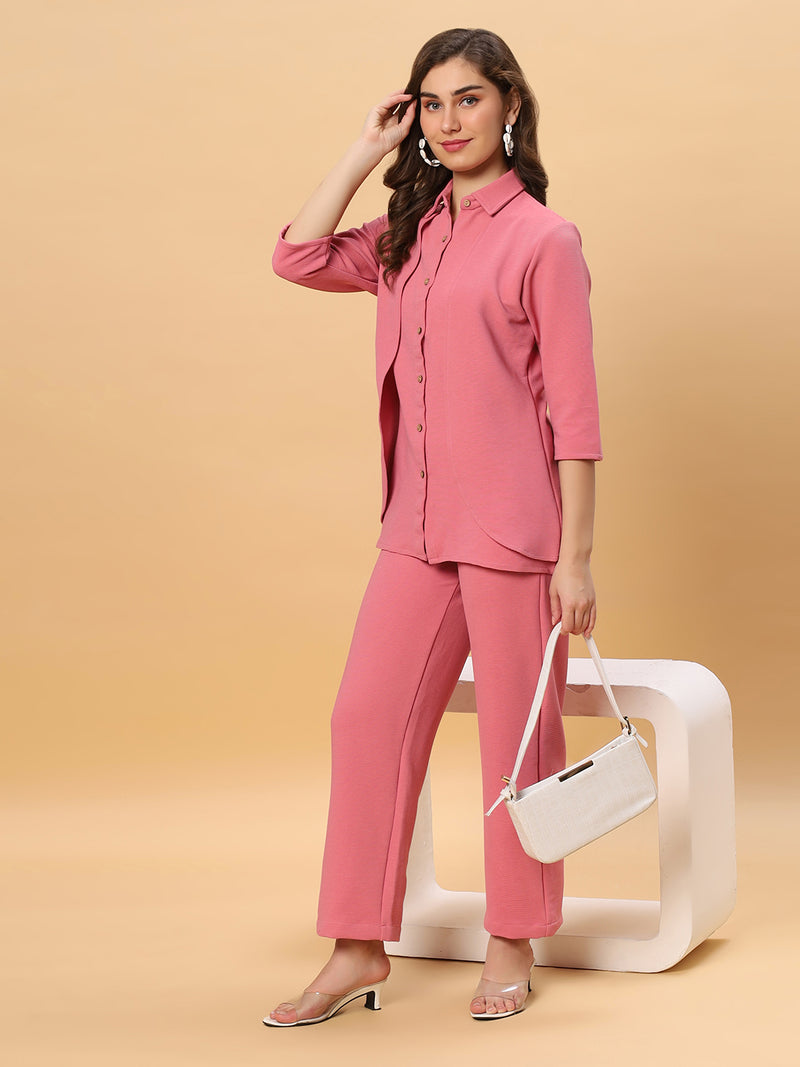 Sea & Mast - Stretchable Regular Fit Textured Poly-Viscose Co-ords, Collared Button Closure, Waist Length With Elasticated Waist Pant, Blush Pink