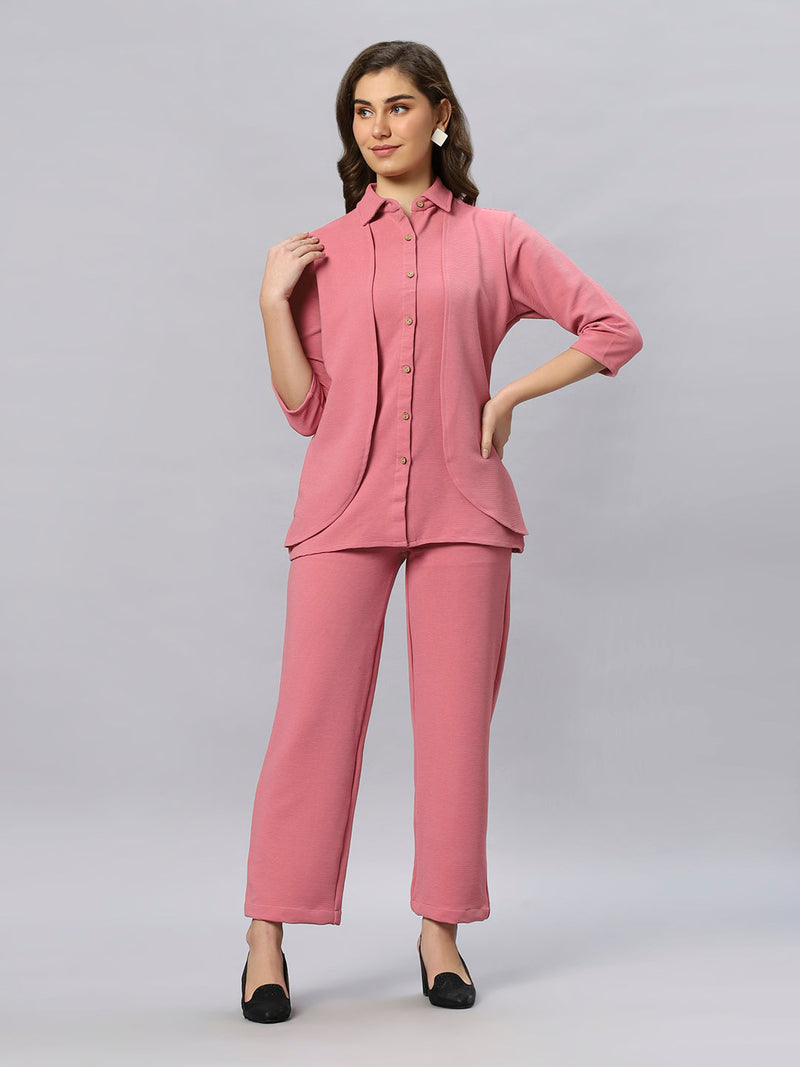 Sea & Mast - Stretchable Regular Fit Textured Poly-Viscose Co-ords, Collared Button Closure, Waist Length With Elasticated Waist Pant, Blush Pink, Custom