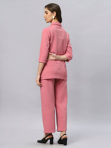 Sea & Mast - Stretchable Regular Fit Textured Poly-Viscose Co-ords, Collared Button Closure, Waist Length With Elasticated Waist Pant, Blush Pink, Custom