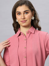 Sea & Mast - Stretchable Regular Fit Textured Poly-Viscose Co-ords, Collared Button Closure, Waist Length With Elasticated Waist Pant, Blush Pink, Plus Size