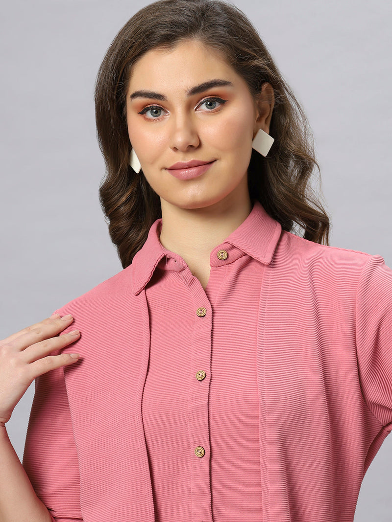 Sea & Mast - Stretchable Regular Fit Textured Poly-Viscose Co-ords, Collared Button Closure, Waist Length With Elasticated Waist Pant, Blush Pink, Plus Size