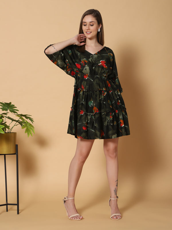 Sea & Mast - Relaxed Fit Floral Rayon Flare Dress, V- Neck Elasticated Mid Thigh Length, Black