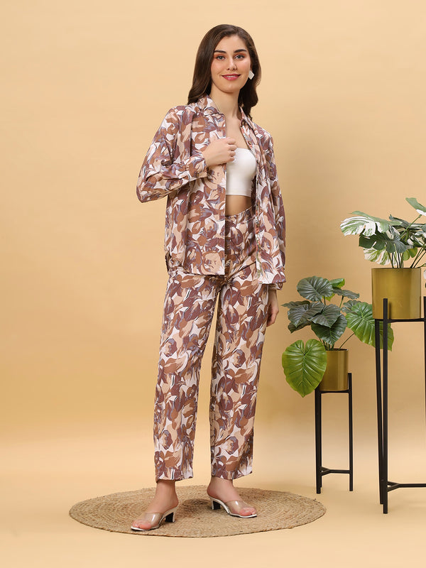Sea & Mast - Regular Fit Leaf Print Poly Cord Set, Collared Button Closure, Waist Length With Elasticated Waist Pant, Brown