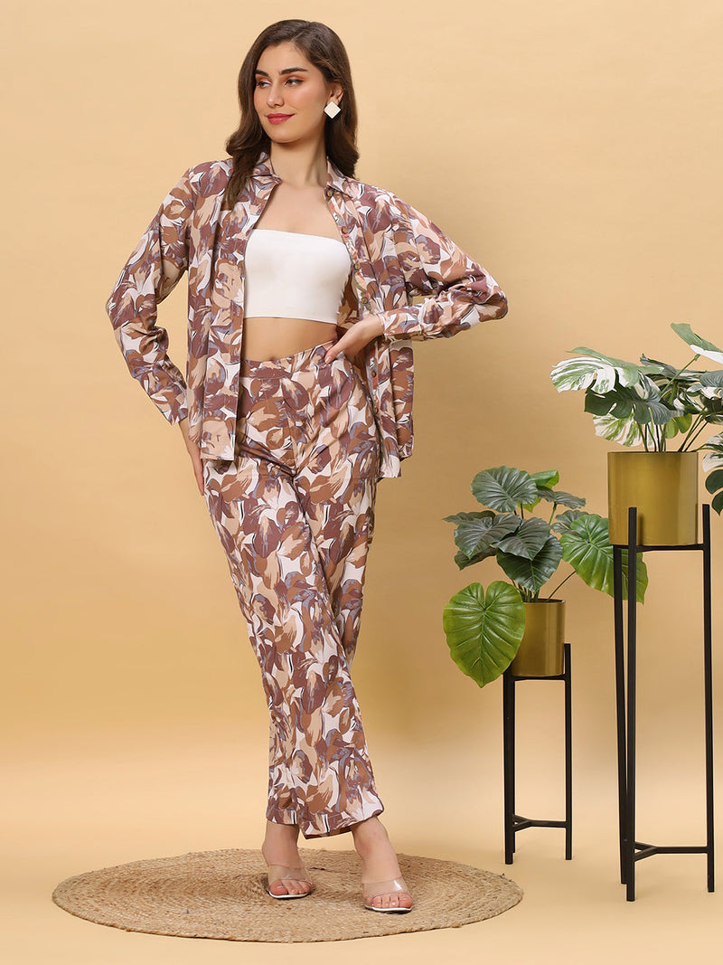 Sea & Mast - Regular Fit Leaf Print Poly Cord Set, Collared Button Closure, Waist Length With Elasticated Waist Pant, Brown, Plus Size