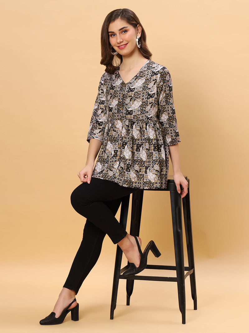 Sea & Mast - Regular Fit Grid Printed Poly Short Kurti, Slip On, Waist Length, Black, Plus Size