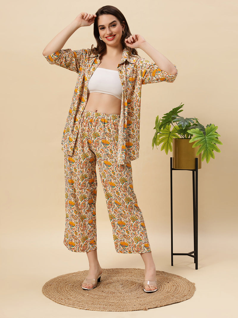 Sea & Mast - Regular Fit Floral Foil Printed Cotton Co-ords, Collared Button Closure, Waist Length With Elasticated Waist Pant, Light Yellow
