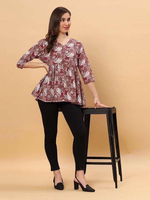 Sea & Mast - Regular Fit Grid Printed Poly Short Kurti, Slip On, Waist Length, Wine, Plus Size